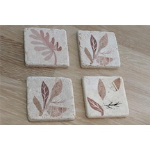 Pembe Desenli Yapraklar Doğal Taş Bardak Altlığı 4'lü Set - Natural Stone Coasters - Taş Bej