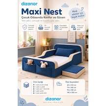 Dizanor Yeni Nesil Maxi Nest %100 Sünger Ve Yıkanabilir Fermuarlı Kumaşa Sahip Bebek, Çocuk Ve Genç Montessori Karyola Baza Ve Başlık Yatağı Seti - Lacivert - Bej - 60 X 120