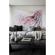 Pembe Çiçek Ve Kelebek Desenli Duvar Halısı Duvar Örtüsü Tapestry Süet Dokulu Kumaş