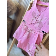 Kidscocuk Kız Çocuk İşleme Detaylı Yelek Şort Takımı Müslin Kumaş Cepli Piliseli Yazlık Takım 3-12 Yaş AÇIK PEMBE