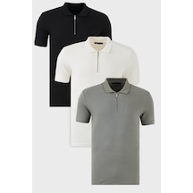 Buratti Pamuklu Regular Fit Yarım Fermuarlı 3'Lü Paket Erkek Polo Yaka T Shirt 5902738S3 Siyah-Ekru-Açık Haki