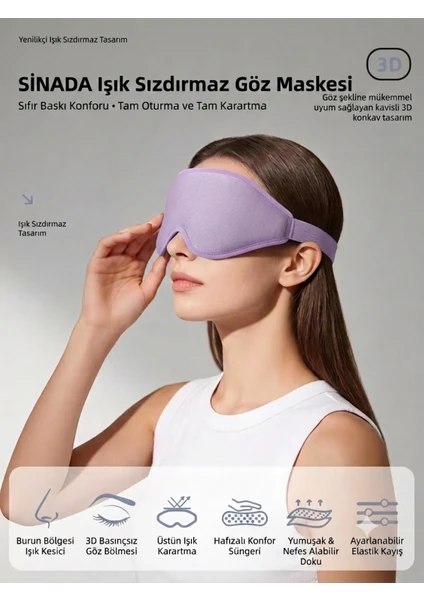 Premium 3d Uyku Göz Maskesi, %100 Işık Engelleme, Hafızalı Köpük Uyku Bandı Açık Mor