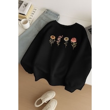 Benroma 3 İplik Penye Çiçek Baskılı Unisex Sweatshırt SIYAH