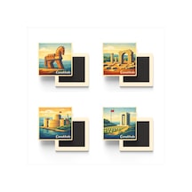 Çanakkale - 4'lü Memleket Seti - Baskılı Buzdolap Magneti Kare - 9x9 Cm - 4 Adet