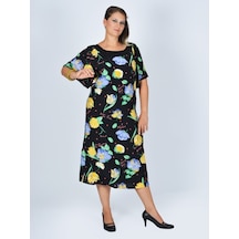 Nidya Moda Büyük Beden Çiçekli Elbise-4026Ç Siyah
