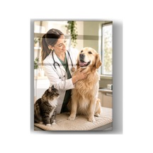 Cam Tablo Veteriner Hekim, Golden Köpek Ve Kedi Temalı Duvar Dekorasyonu