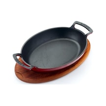Lava Oval Kulplu Tava Ahşap Altlıklı 27x20 Kırmızı