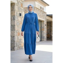 Hb Harma Time Butik Kadın Dantel Detaylı Bel Bağcıklı Mavi Ayrobin Elbise Mavi Mavi