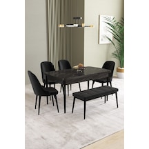 Ikon Siyah Mermer Desen 80x132 Mdf Açılabilir Yemek Masası Takımı 4 Sandalye, 1 Bench Siyah
