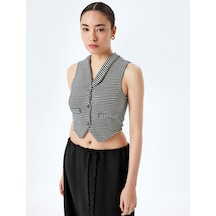 Koton V Yaka Düğmeli Slim Fit Crop Triko Yelek Siyah Çizgili 5sal90013ık Siyah Çizgili Siyah