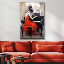 Yağlı Boya Dokulu Tablo Kırmızı Elbiseli Piyano Çalan Kadın Siyah Çerçeveli U05004-178956