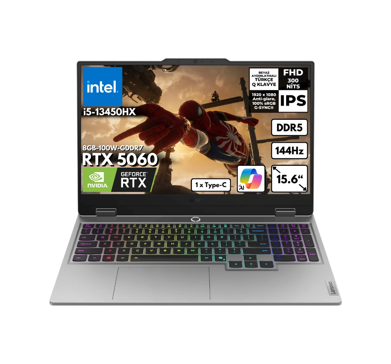 Lenovo LOQ 15IRX10 83JE00ENTRHMF58 i5-13450HX 24 GB 1 TB SSD 8 GB RTX5060 15.6" W10P Dizüstü Bilgisayar