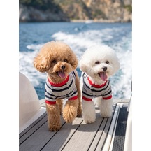 Yacht Club Marin Çizgili Köpek Tişörtü Lacivert Kırmızı Yazlık Köpek Kıyafeti Küçük Irklar