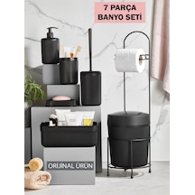 7 Parça Banyo Seti Çöp Kovalı Tuvalet Kağıtlığı Ve Fırçası - Kozmetik Kutusu - Diş Fırçalık - Katı Ve Sıvı Sabunluklar Siyah