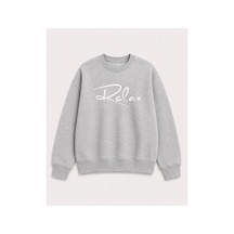 Herkesemoda Relax Yazılı Baskı Detaylı Şardonlu 2 İplik Bisiklet Yaka Sweatshirt Gri