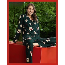 Pijamoni Kadın Süet Önden Düğmeli Likralı Pijama Takımı 9 - 1 Adet 001