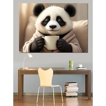 Kahve İçen Sevimli Panda Dekoratif Kanvas - Mdf Ahşap Tablo
