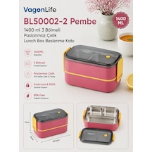 Vagonlife Bl50002-2 Pembe 1400 Ml 3 Bölmeli Paslanmaz Çelik Lunch Box Beslenme Kabı Çok Renkli