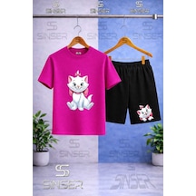 Ss Sinser Çocuk Kedı Kurdalelı Oturan Baskılı Bisiklet Yaka Tişört - Şort Alt - Üst Çocuk Takım Renk:pembe - Siyah