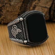 925 Ayar Gümüş Oniks Taşlı Tuğralı Erkek Yüzük - 553966439