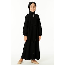 Medine İpeği Beli Lastikli Bağcıklı Çocuk Ferace Siyah Siyah