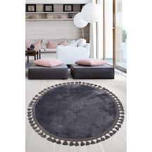 Relax Antrasit Yuvarlak 100x100 Cm Ponpon Saçaklı Kaymaz Tabanlı Antrasit