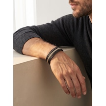 Sarı Çelik Zincir Detaylı Çoklu Deri Erkek Hediye Bileklik 01878 Çok Renkli