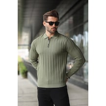 Haki Yarım Fermuarlı Polo Yaka Triko Kazak E7426 Haki