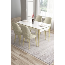 Canisa Tia Serisi Mdf 80x132 Açılabilir Beyaz Gold Detay Yemek Masası Takımı Ve 4 Krem Sandalye Masa Beyaz Sandalye Krem