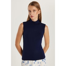 Tudors Kadın Regular Fit Klasik Kesim Viskon Kumaş Balıkçı Yaka Sıfır Kol Lacivert Bluz-34819 Lacivert
