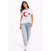 Baskılı Kadın Günlük Stil Beyaz Kısa Kol Bisiklet Yaka Ay Yıldız