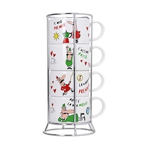 Bialetti - 4'lü İstiflenebilir Cappuccino Fincan Seti - Karma Renkli - Porselen Açık Ahşap