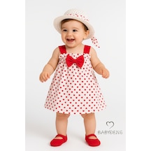 Babyden's Kız Bebek Kalp Desenli Fiyonklu Yazlık Elbise Şapkalı Takım - Kırmızı Beyaz Pamuklu Bebek Elbisesi Kırmızı - Beyaz
