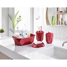Geometrik Tasarımlı 4 Lü Banyo Seti Sabunluk Diş Fırçalık, Sıvı Sabunluk Sepet Bordo