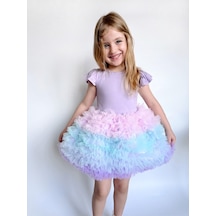 Linola Baby Kids Rainbow Tütü Etekli Kısa Kollu Çocuk Elbisesi Lila
