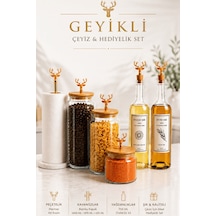 6 Parça Altın Geyik Figürlü Premium Cam Mutfak Seti Kavanoz Yağdanlık Havluluk Dekoratif Set Şeffaf - Altın