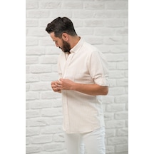 Slimfit Fit Yaka Düğmeli Çizgili Yazlık Gofre Kumaş Erkek Gömlek Kahverengi