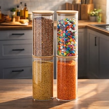 Porsima 417 4lü 1300 Ml Bambu Vakumlu Kapaklı Cam Kavanoz Seti Saklama Kabı 10x20cm Şeffaf