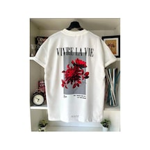 Tarzsokak Unisex Beyaz Vivre La Vie Baskılı Oversize Bisiklet Yaka Penye Tişört