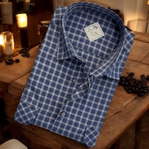 Linen Keten Klasik Kısa Kollu İki Cepli Kapaklı Mavi Baba Gömleği Regular Kalıp -10283 Mavi