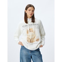 Koton Kedi Baskılı Kapüşonlu Rahat Kalıp Şardonlu Sweatshirt Ekru 5wal10590ık Ekru