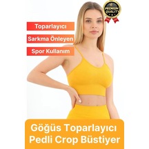 Svein Göğüs Toparlayıcı Sarkma Önleyen Gündelik Spor Kullanım İnce İp Askılı Pedli Çizgili Crop Büstiyer Sarı