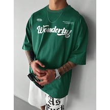 Wonderful Süprem T-shirt - Nefti Yeşil Baskılı Oversize Bisiklet Yaka Tişört Yeşil