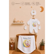 Pia Baby Kişiye Özel Erkek Bebek Tulum Set 4 Parça %100 Pamuk İsimli Organik Baskılı Battaniyeli 1109btyx Krem