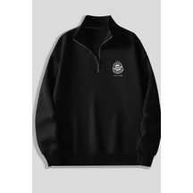 Siyah Fermuarlı Dikyaka Sweatshirt- California 55 - Kışık Şardonlu Kumaş Siyah
