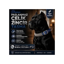 Köpek Zincir Boyun Tasması Paslanmaz Çelik Mavi Dokuma Kayış 55-65 Cm 3,5 Cm Genişlik 4 Mm Zincir Çok Renkli