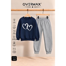 Overmax Çift Kalp Baskılı Çocuk Kapüşonsuz Sweatshirt Eşofman Takımı 3-12 Yaş Lacivert Üst-gri Alt - 923859548 Lacivert Üst-gri Alt