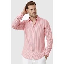 Rizzup Kırmızı Slim Fit Çizgili %100 Pamuk Erkek Gömlek Nefes Alan Şık Günlük Gömlek 2602626