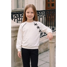 Fullamoda Fiyonk Nakışlı Biyeli Bisiklet Yaka Kız Çocuk Sweatshirt Ekru
