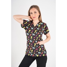 Unisex Cool Cats Club Desenli Doktor Hemşire Hastane Aşçı Mutfak Scrubs Tek Üst Üniforma Siyah
